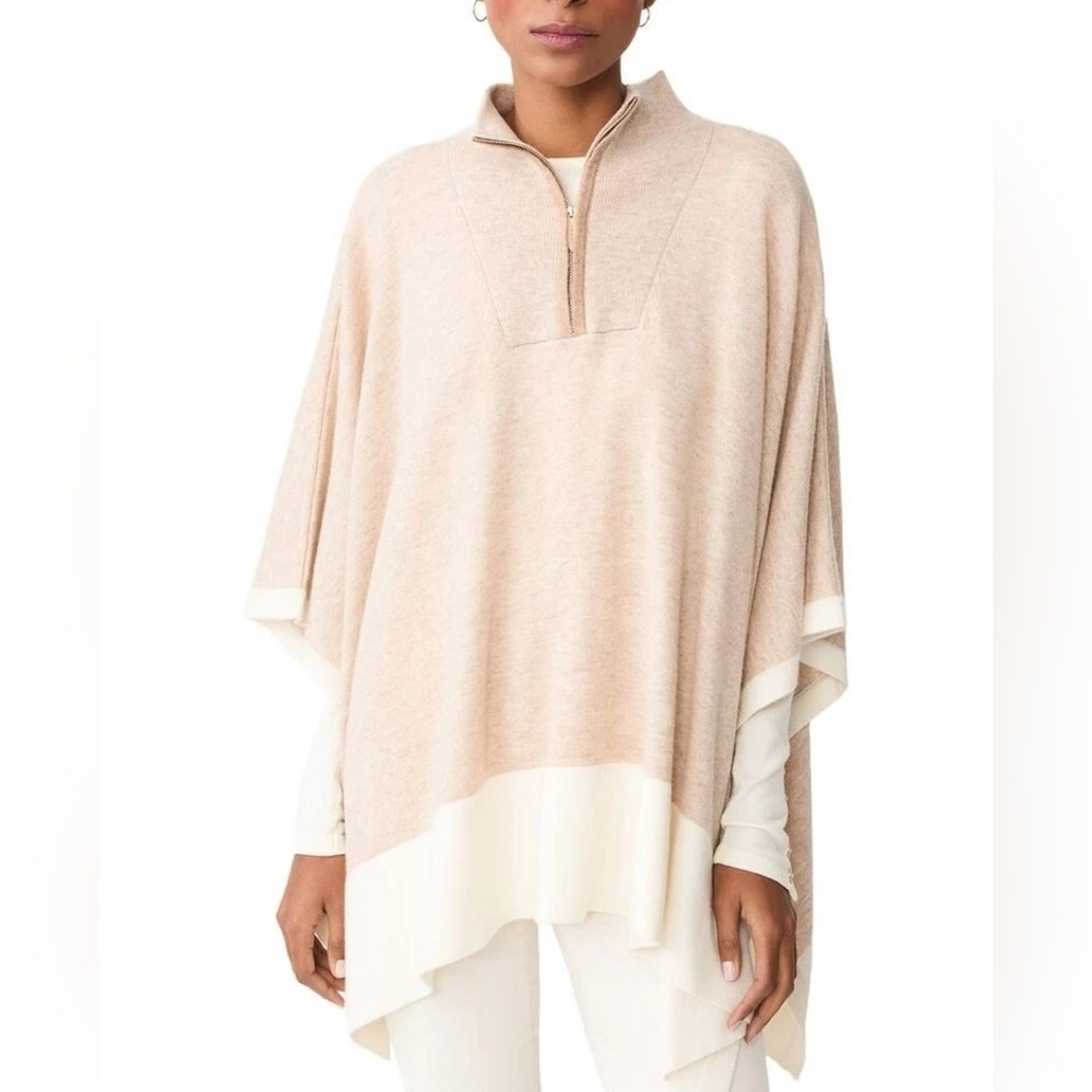 J. McLaughlin Cashmere Wool Cozy Tan Cream Poncho Shawl One Size Coastal Grandma